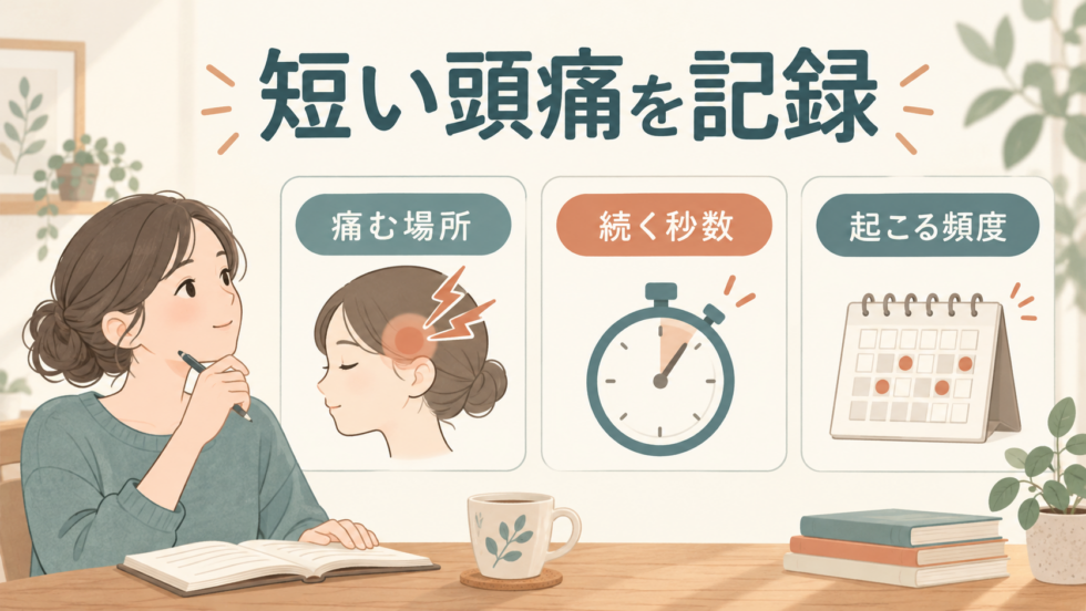 短い頭痛の場所、続く秒数、起こる頻度を記録する図