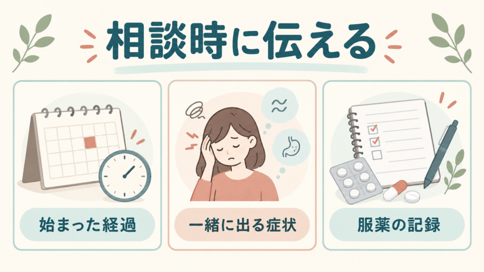 頭痛の経過、同時に出る症状、服薬を相談時に伝える図