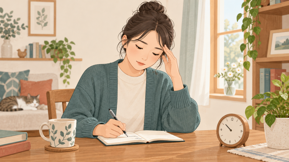 こめかみに手を添え、頭痛の経過をノートに記録する女性のイラスト