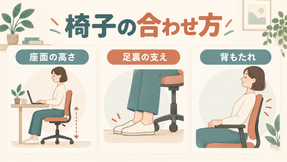 座面の高さ、背もたれ、足の支えを確認する図