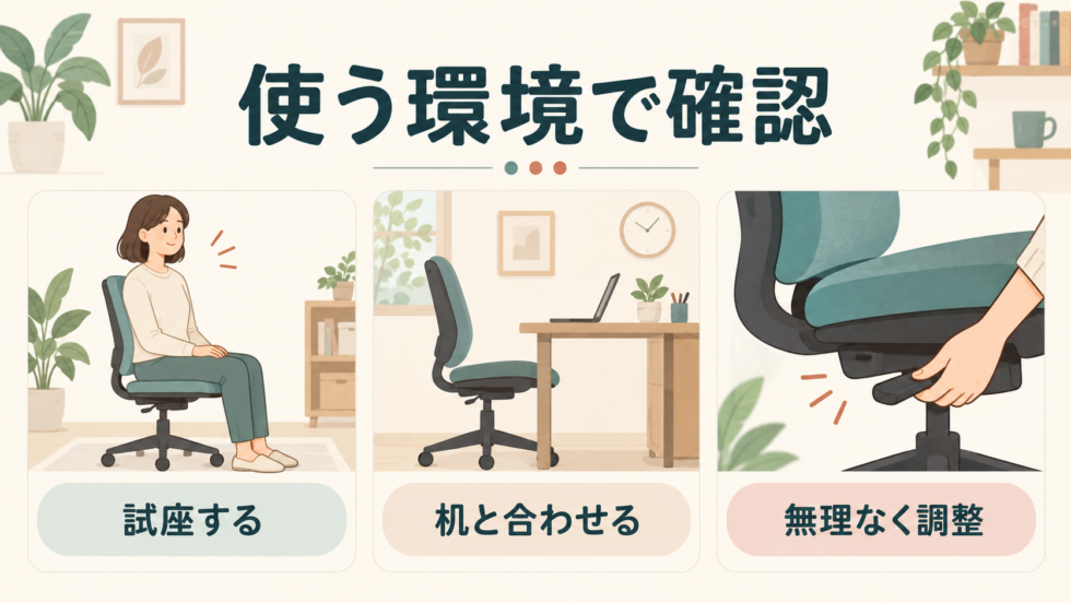 椅子を試す、机との位置を合わせる、調整する手順の図