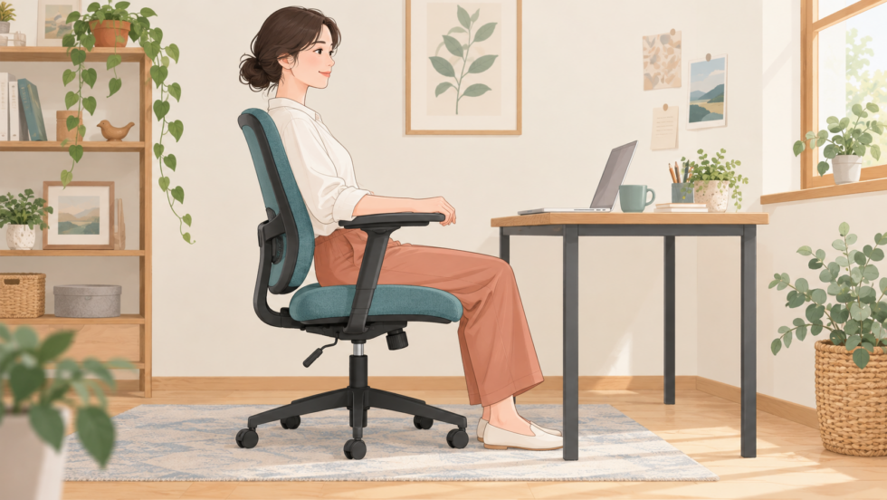 机に向かって椅子に座り、作業環境を見直す女性のイラスト