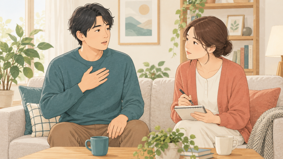 胸の打撲後の体調を確認する女性のイラスト