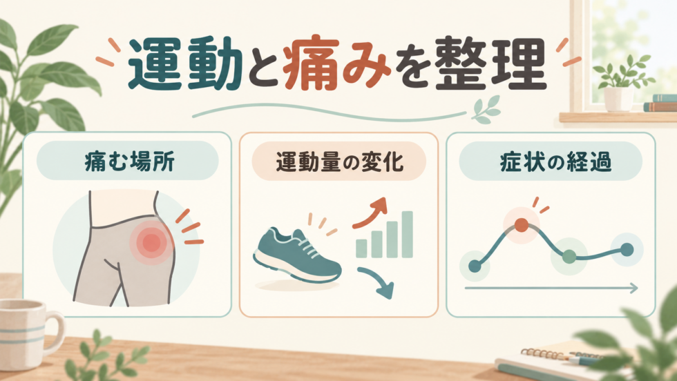 股関節の痛む場所、運動量の変化、症状の経過を整理する図