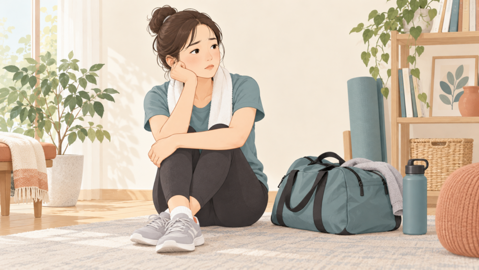 運動を中断して体調を考える女性のイラスト