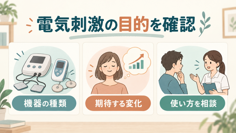 電気刺激機器の種類、期待する変化、使い方を相談する図