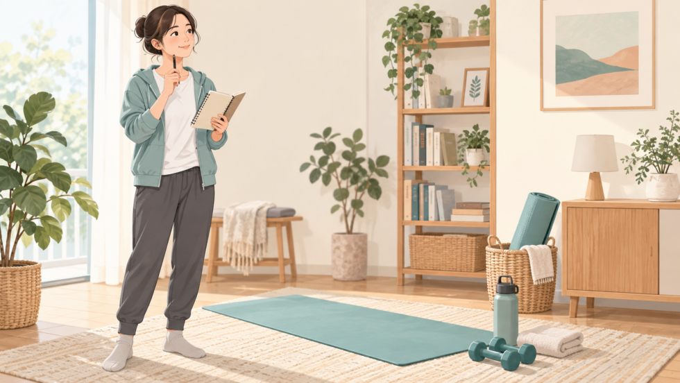 体幹の運動について考える女性のイラスト