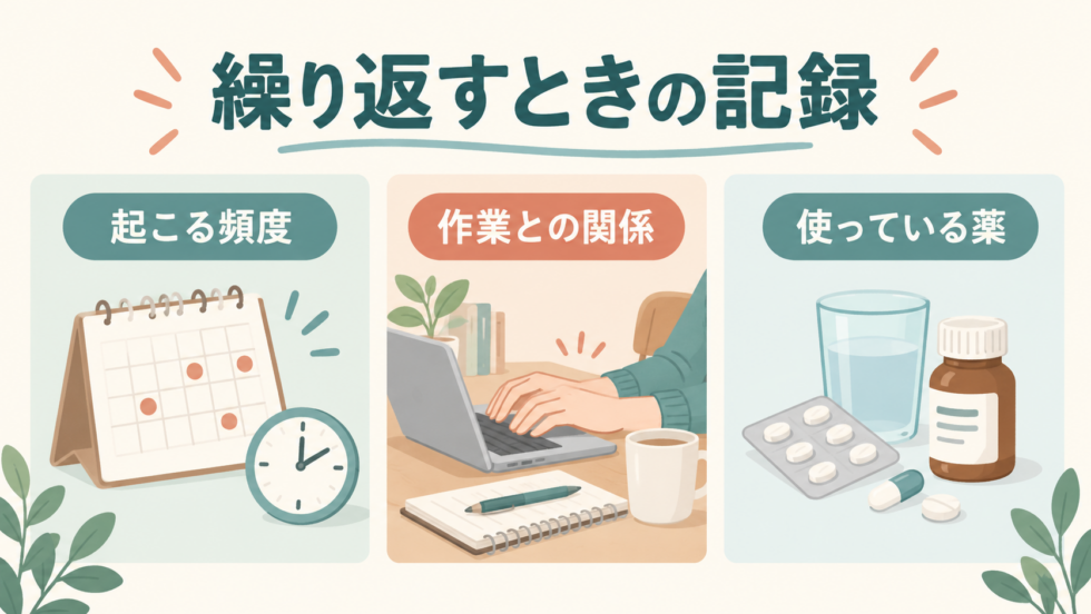 指がつる頻度、作業との関係、使用している薬を記録する図