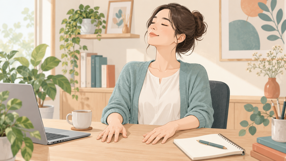 机に両手を置いて作業を中断し、休憩する女性のイラスト