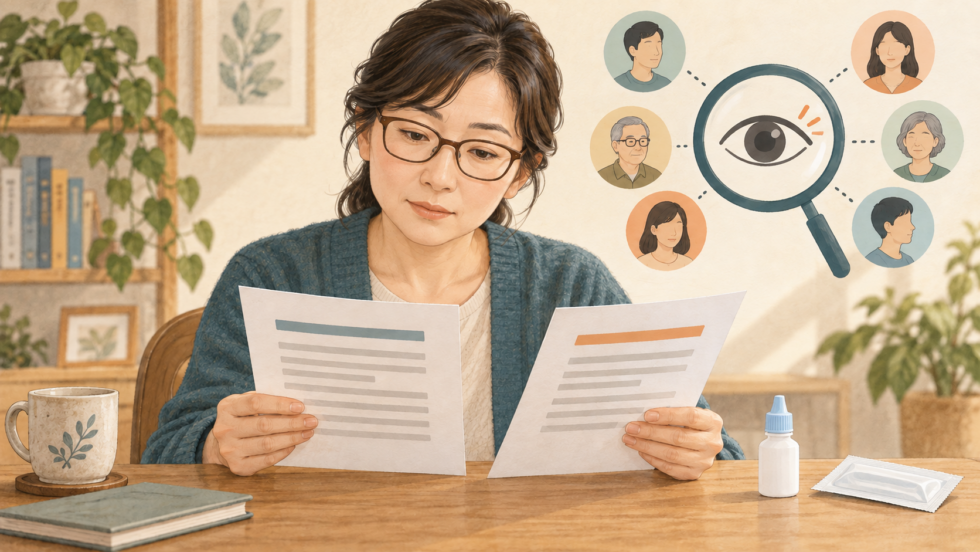 目の不調に関する研究の対象や結果を確認する説明用イラスト