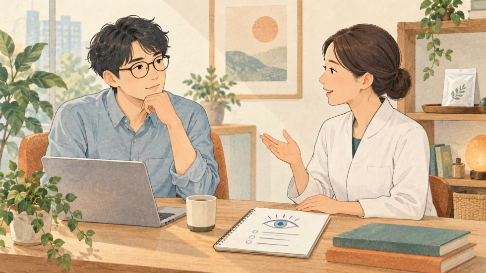 画面作業による目の不調と対応方法を相談する説明用イラスト