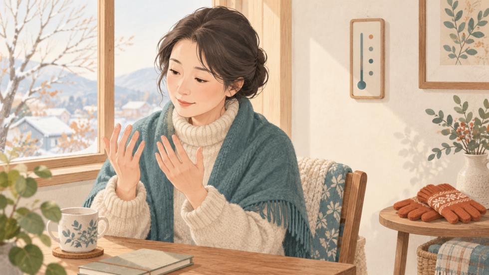 室内で手指の状態と寒さを確認する人の説明用イラスト