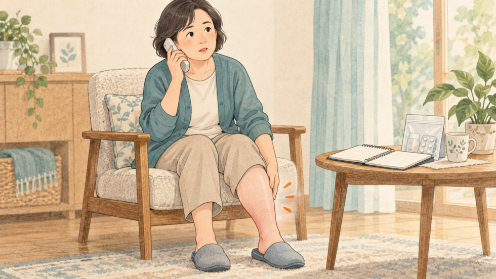 片脚の新しい腫れや痛みを電話で相談する人の説明用イラスト
