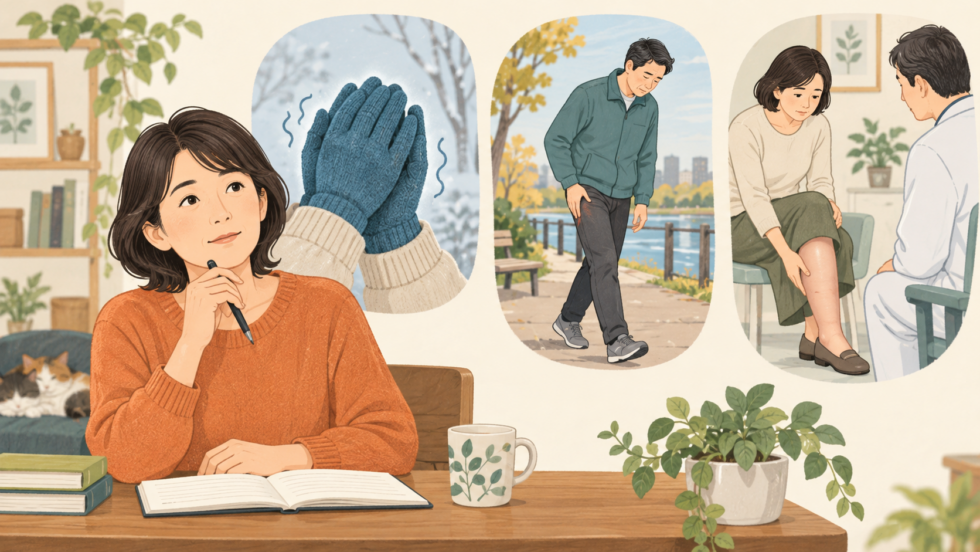 冷えや歩行時の脚の痛みなど異なる症状を整理する説明用イラスト