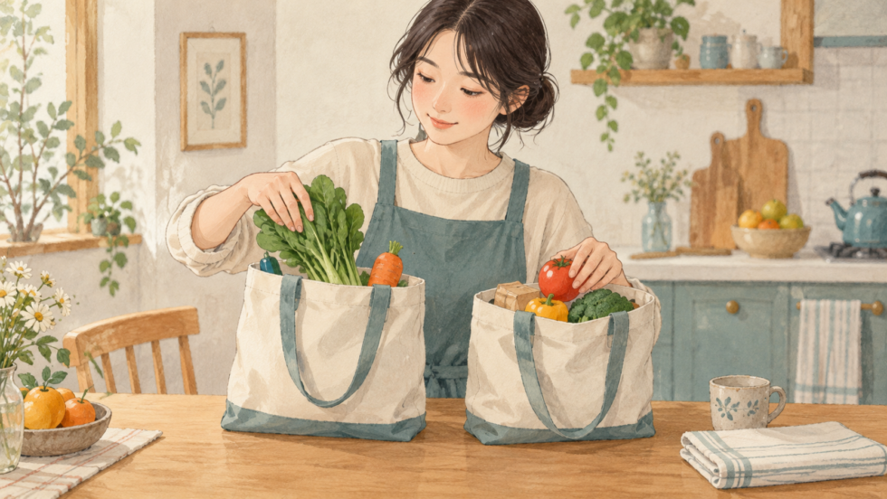 重い買い物を小分けにして腕の負担を調整する説明用イラスト