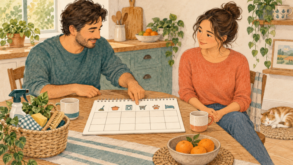 家事と休養の時間を家族で話し合う様子のイラスト