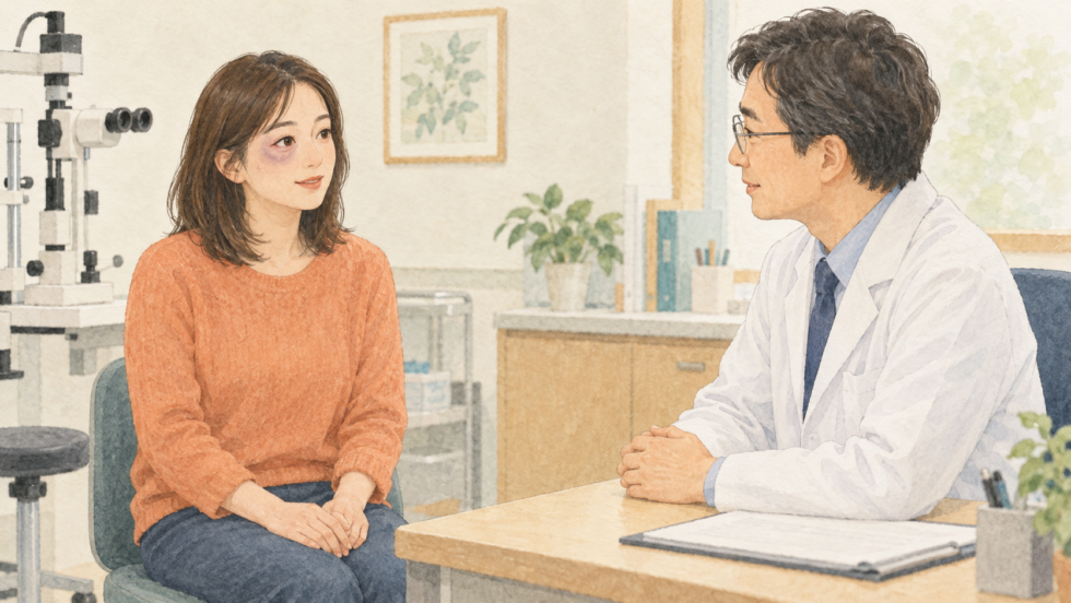 目の周りを打撲した後、眼科で相談する人のイラスト