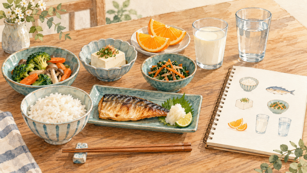 主食、魚、豆腐、野菜、果物などをそろえた食事のイラスト