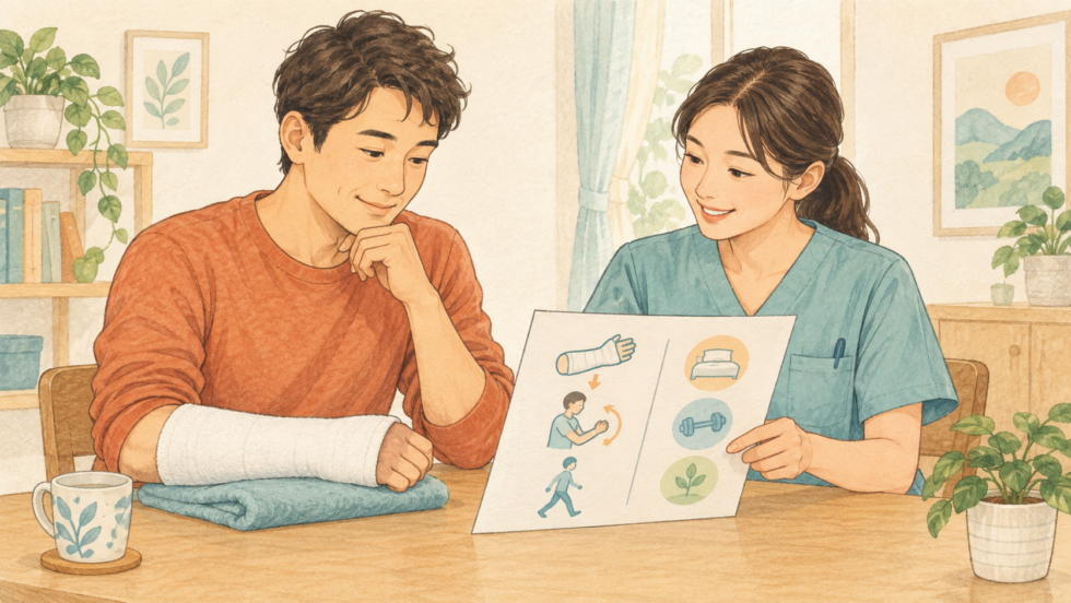 腕の固定を保ちながら、回復中の生活について医療者と相談する人のイラスト
