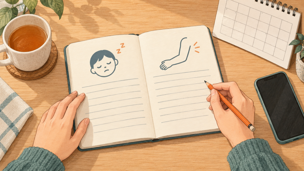 眠気や全身のだるさと局所の痛みを分けて記録する説明用イラスト