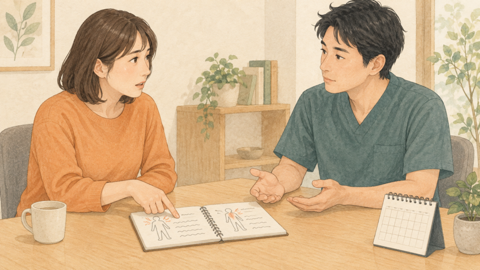 施術後の体調変化を伝えて次の対応を相談する説明用イラスト