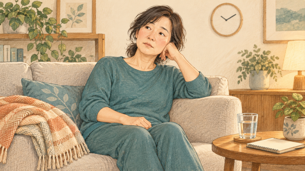 施術後のだるさを感じて自宅で休む人の説明用イラスト