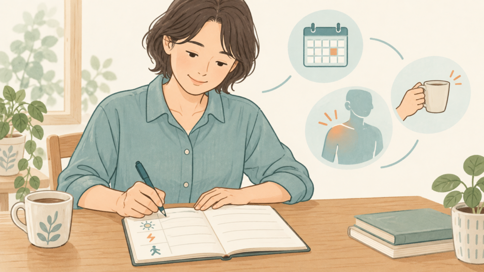 肩の症状が始まった日と日常動作の変化を記録するイラスト