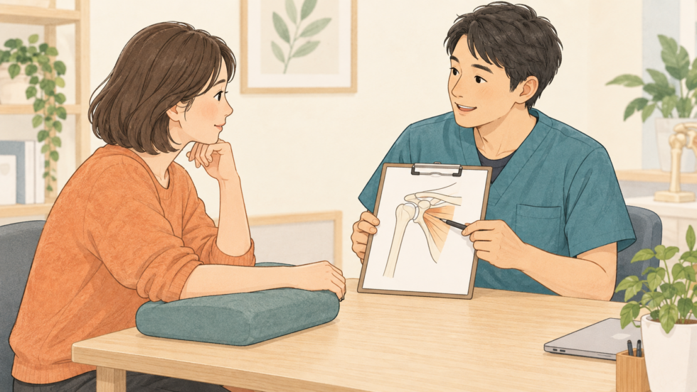 腕を楽な位置で支えながら肩の状態を相談する説明用イラスト