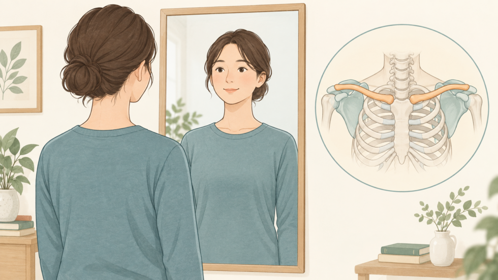 鏡で肩の外見を確認する人と鎖骨の位置を示す説明用イラスト