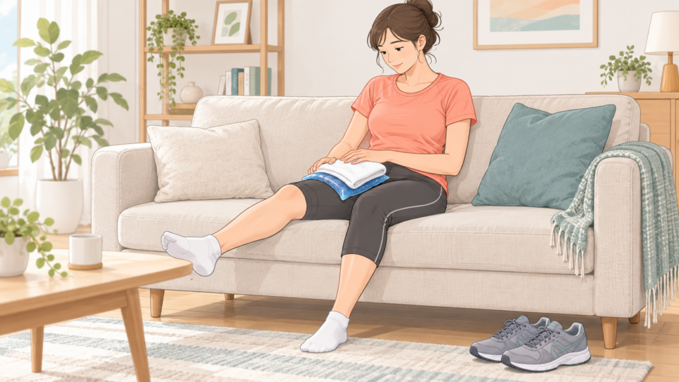 運動を休み衣服の上から太ももを冷やす人のイラスト
