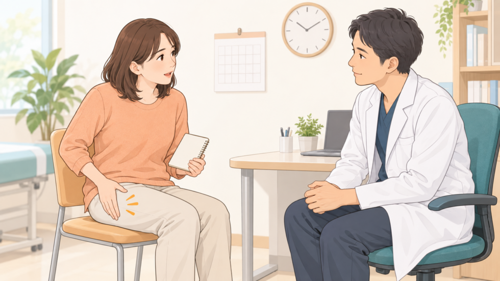 太ももの症状と経過を医療者に伝える人のイラスト