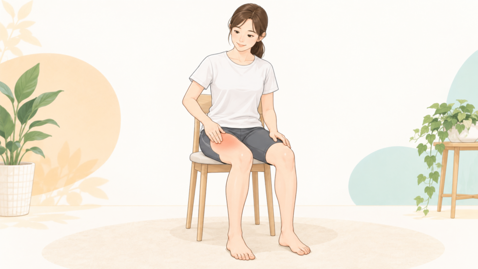 椅子に座り太ももの前の痛む場所を示す人のイラスト