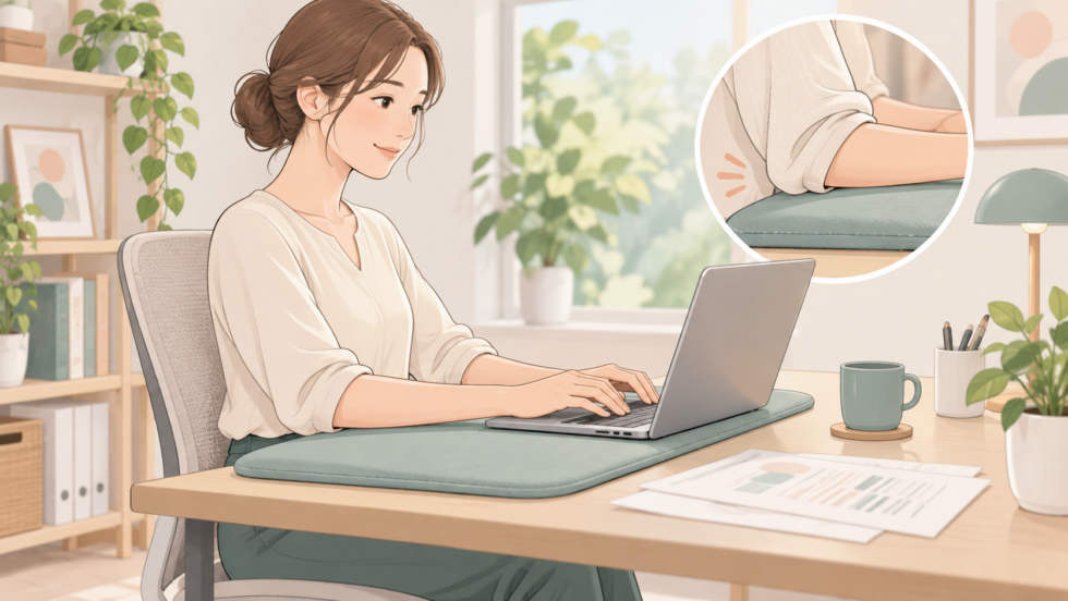 机の硬い縁への圧迫を避けて前腕を支える工夫のイラスト