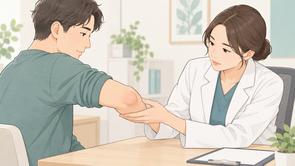 肘の先の腫れを医療者に見せる場面のイラスト