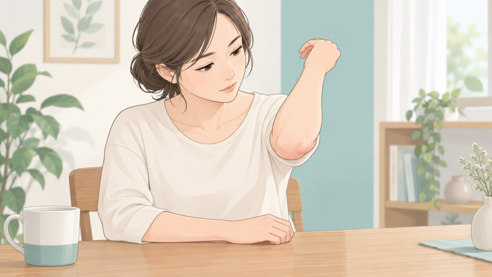 肘の先の腫れに気づいた人の説明用イラスト