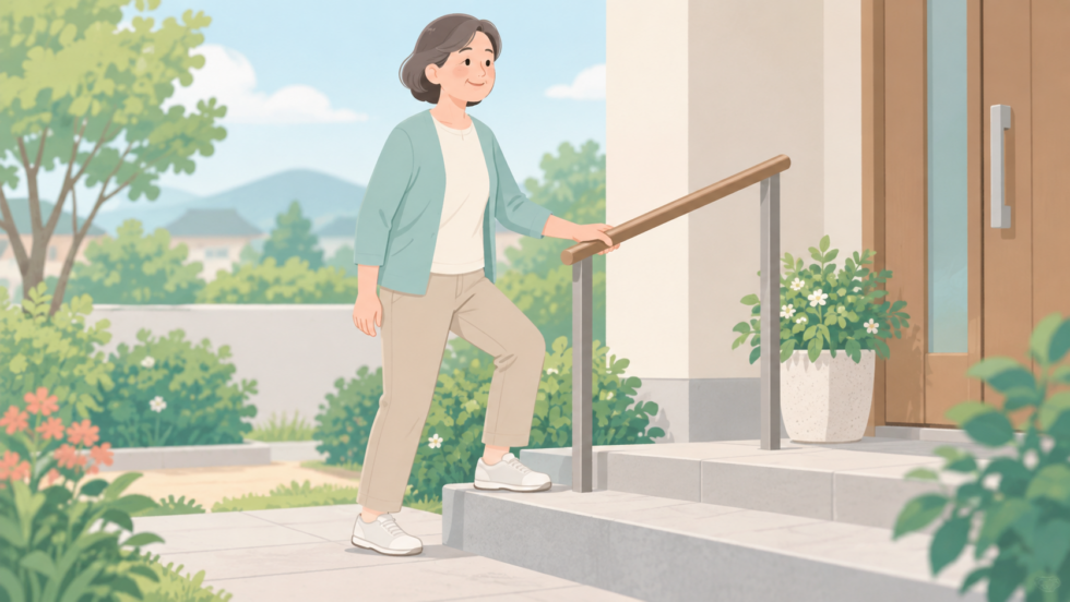 手すりを使って階段を上る人の説明用イラスト