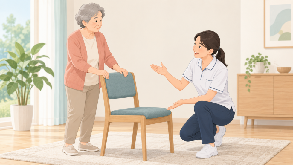 立ち上がりや日常活動の調整を専門家と相談する説明用イラスト