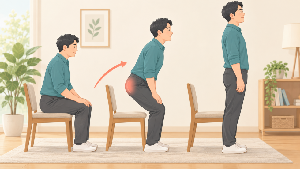 椅子から立ち上がる動作を段階ごとに示す説明用イラスト