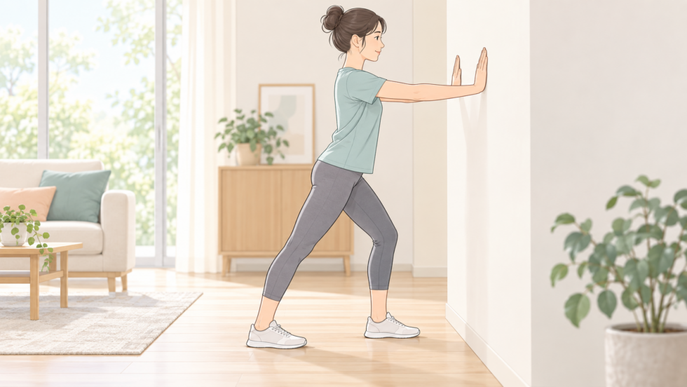 壁に手をつき後ろ脚のかかとを床につけるふくらはぎのストレッチ姿勢