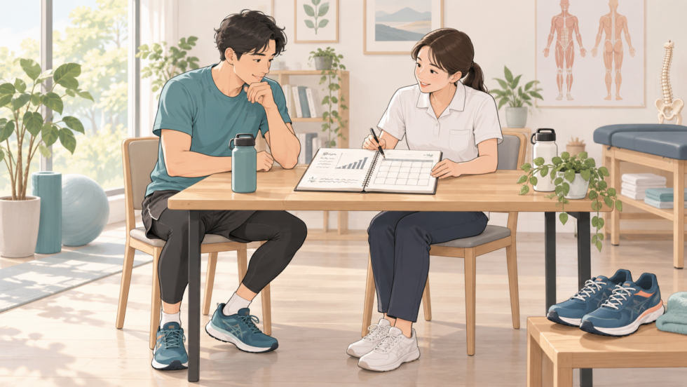 練習記録を見ながら運動の再開について相談するランナーのイラスト