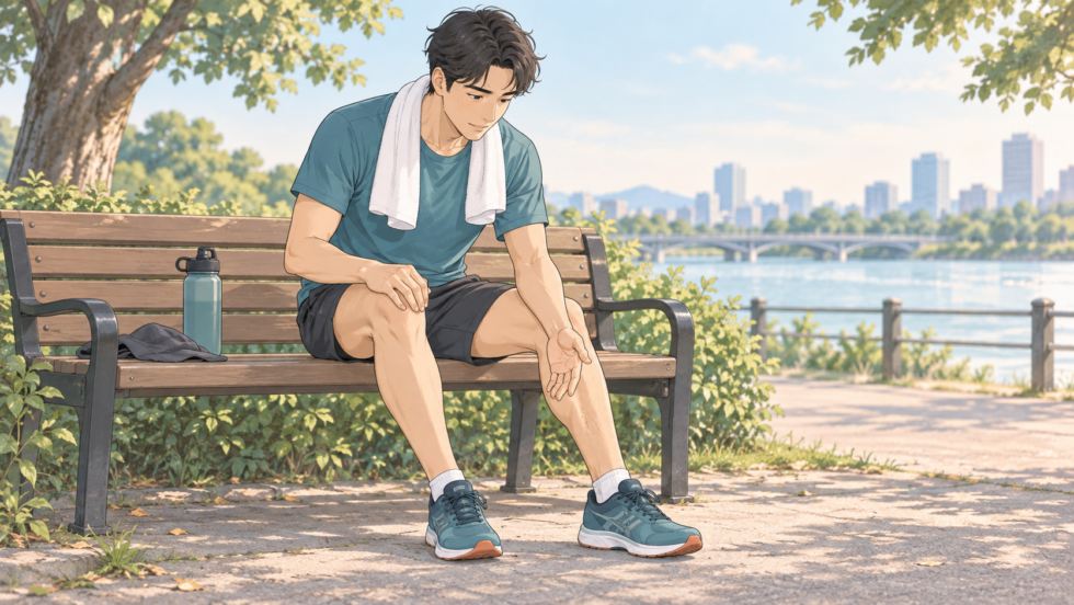 運動を中断しベンチで自分のすねの状態を確認するランナーのイラスト