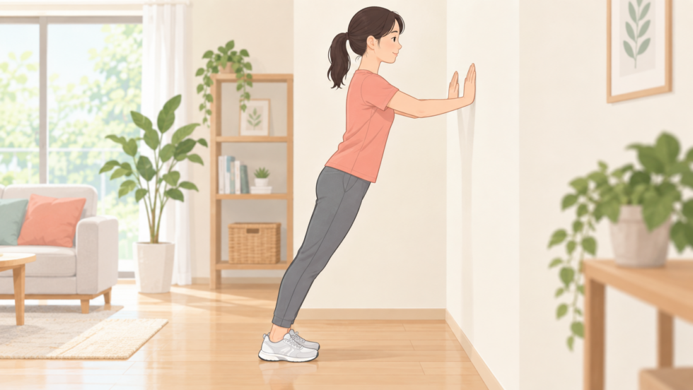 壁を使って支える体重を調整する運動の説明用イラスト