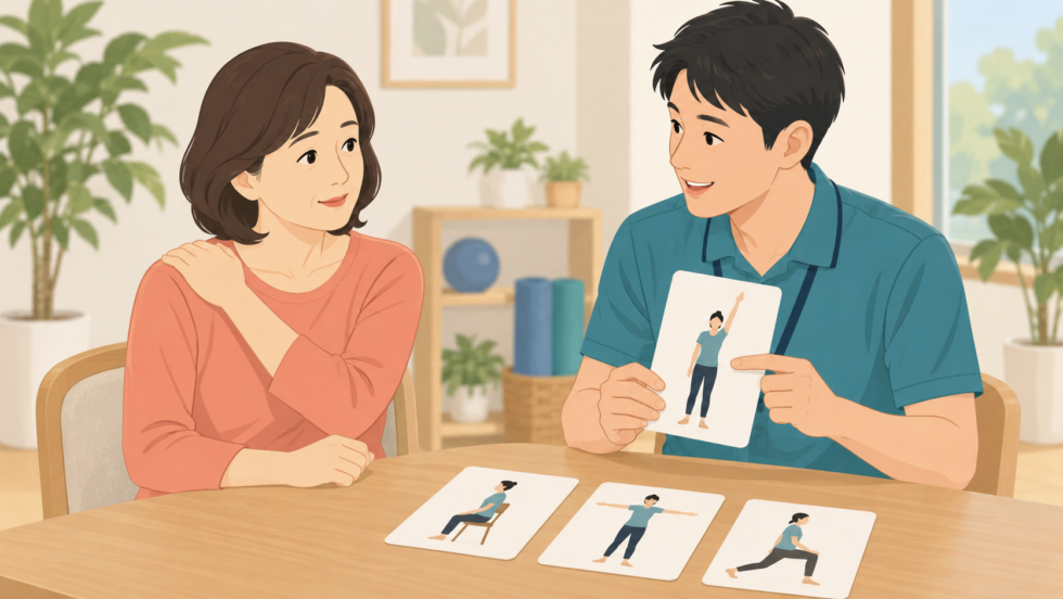 運動の種類や負荷について専門家と相談する説明用イラスト