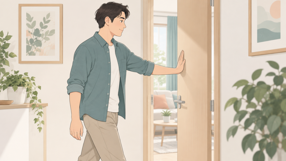 胸の高さで手を前へ出してドアを押す日常動作のイラスト