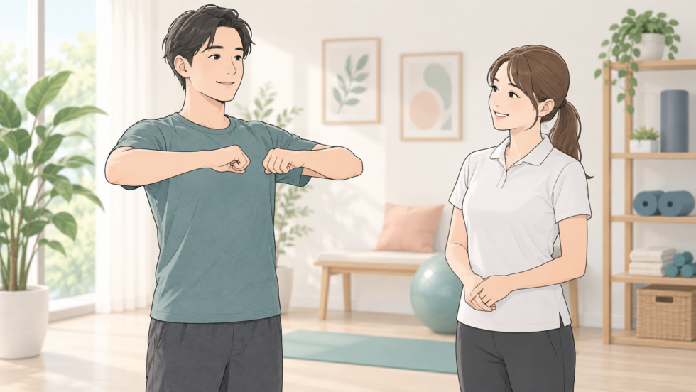 指導者と一緒に腕を胸の前へ動かす様子を確認するイラスト