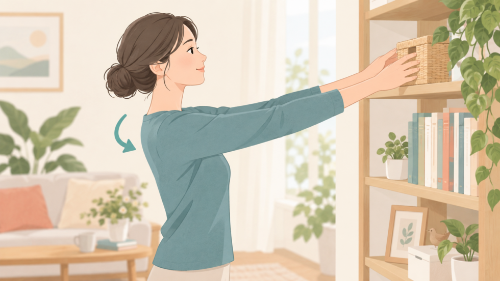 棚へ手を伸ばす際に肩甲骨も動くことを示す説明用イラスト