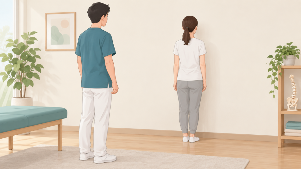 肩と背中の動きを専門家と確認する説明用イラスト