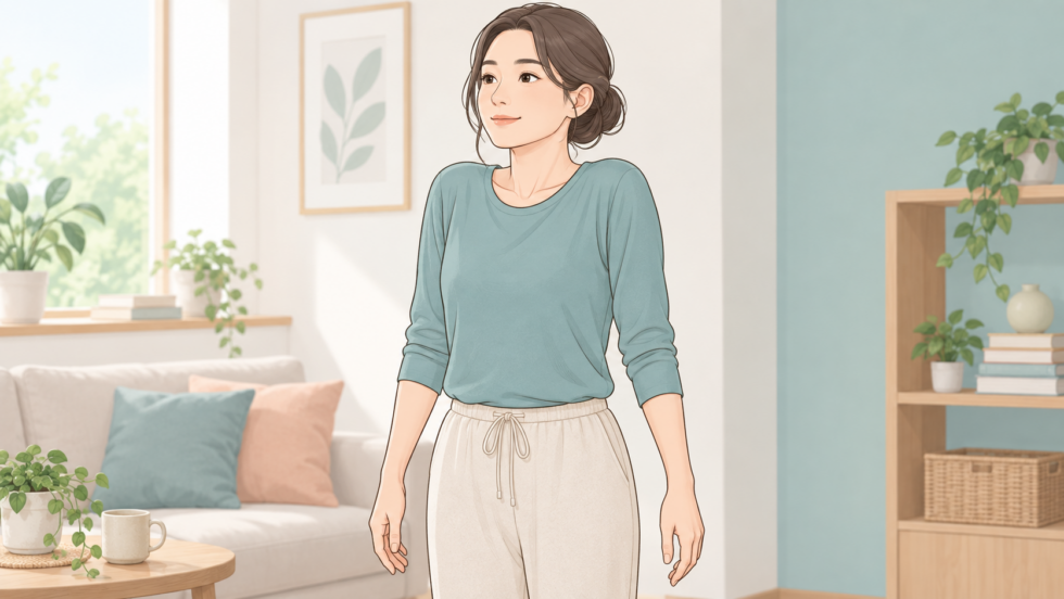 首を傾けず肩を軽くすくめる動きを示す人のイラスト