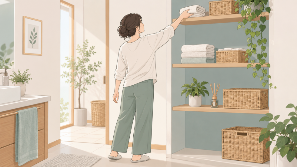 肩より高い棚へ軽いタオルを置く日常動作のイラスト