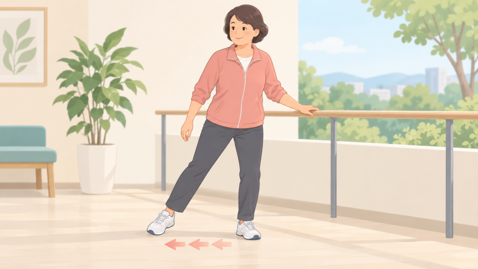 手すりの近くで無理なく横へ一歩移動する説明用イラスト